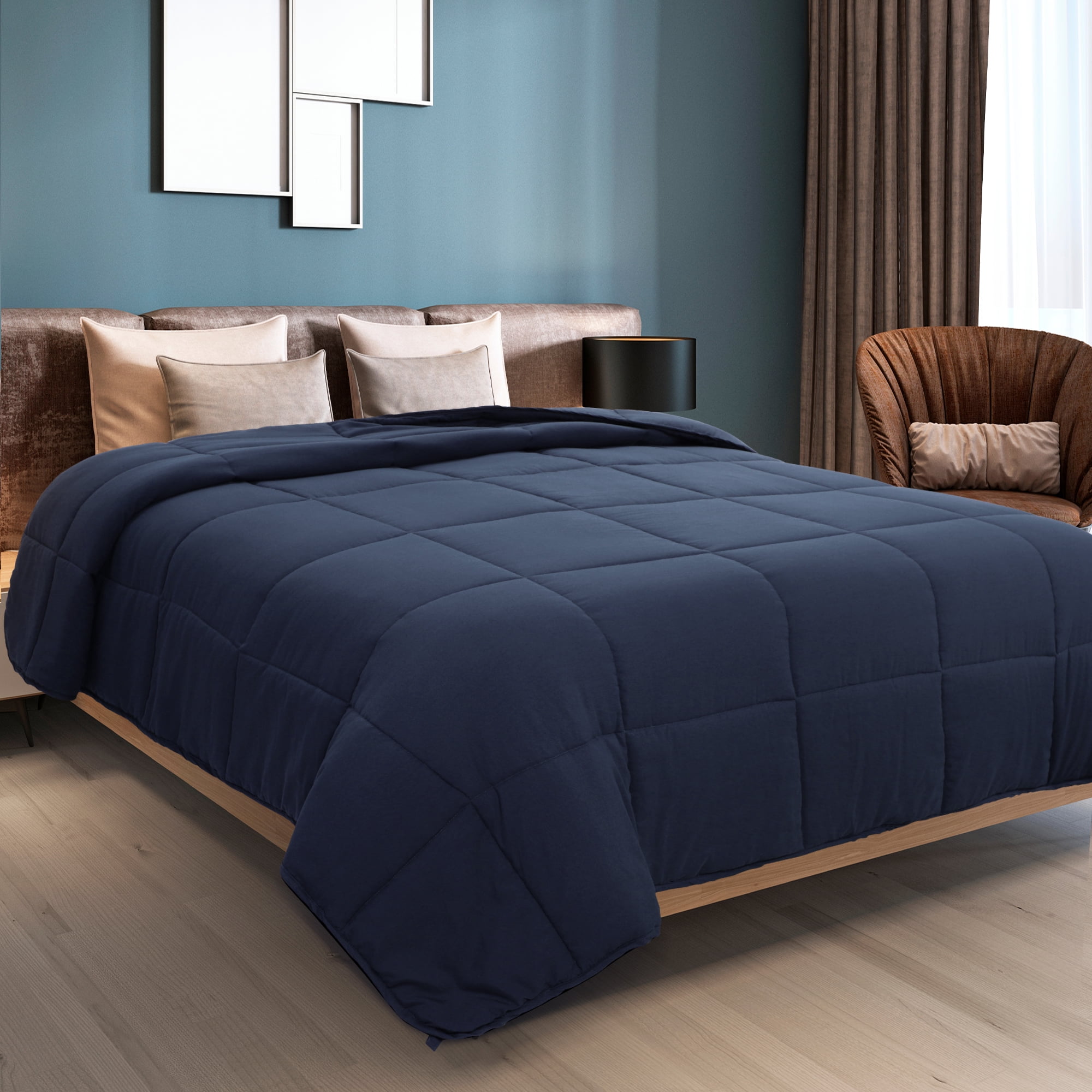 Unique Bargains Quilt Soft Lightweight Down Alternative Comforter Navy Blue King