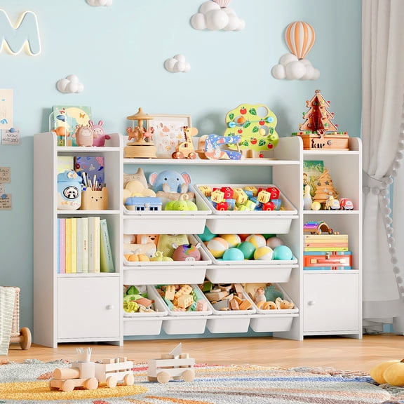 Homfa Kids Toy Storage with 8 Toy Box & 2 Doors, White Cube Bookcase for Kids Room Play Room