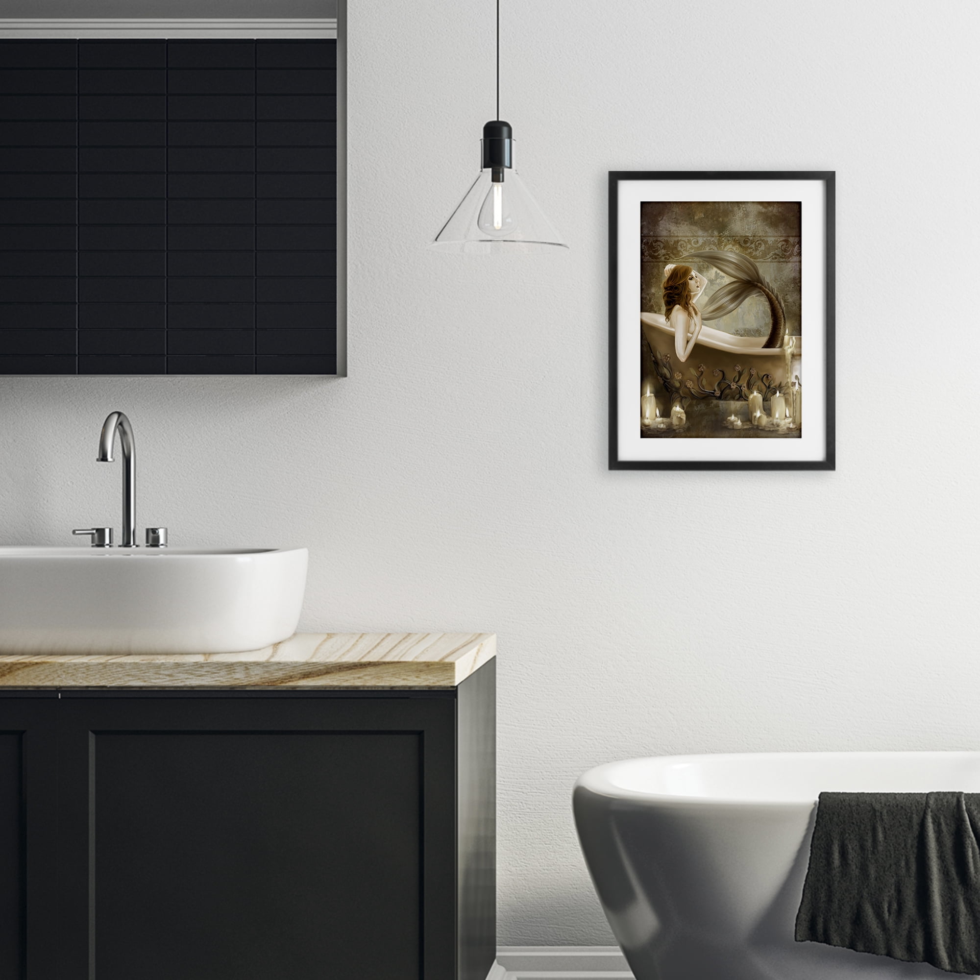 Stupell Industries Sepia Bath Time Mermaid Black Framed Print Under Glass, design by Selina Fenech