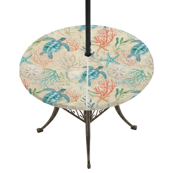 Round Outdoor Tablecloth with Umbrella Hole and Zipper, Teal Red Coastal Tablecloth with Elastic Waterproof, Summer Beach Nautical Sea Turtle Coral Starfish Patio Table Covers for 31" - 35" Tables