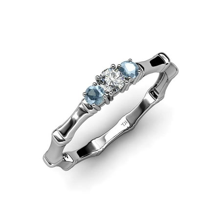 

Aquamarine with Center Diamond (SI2-I1 G-H) Three Stone Bamboo Ring 0.30 cttw in 14K White Gold.size 9.0