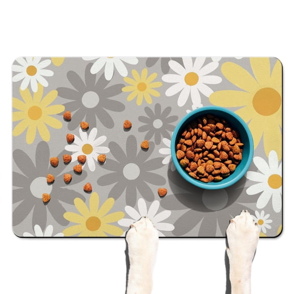 Cute Vintage Daisy Pet Feeding Mat - Absorbent Non-Slip Dog Food Mat - Waterproof Floral Pattern - Boho Daisy Aesthetic - Easy Clean for Senior Dogs