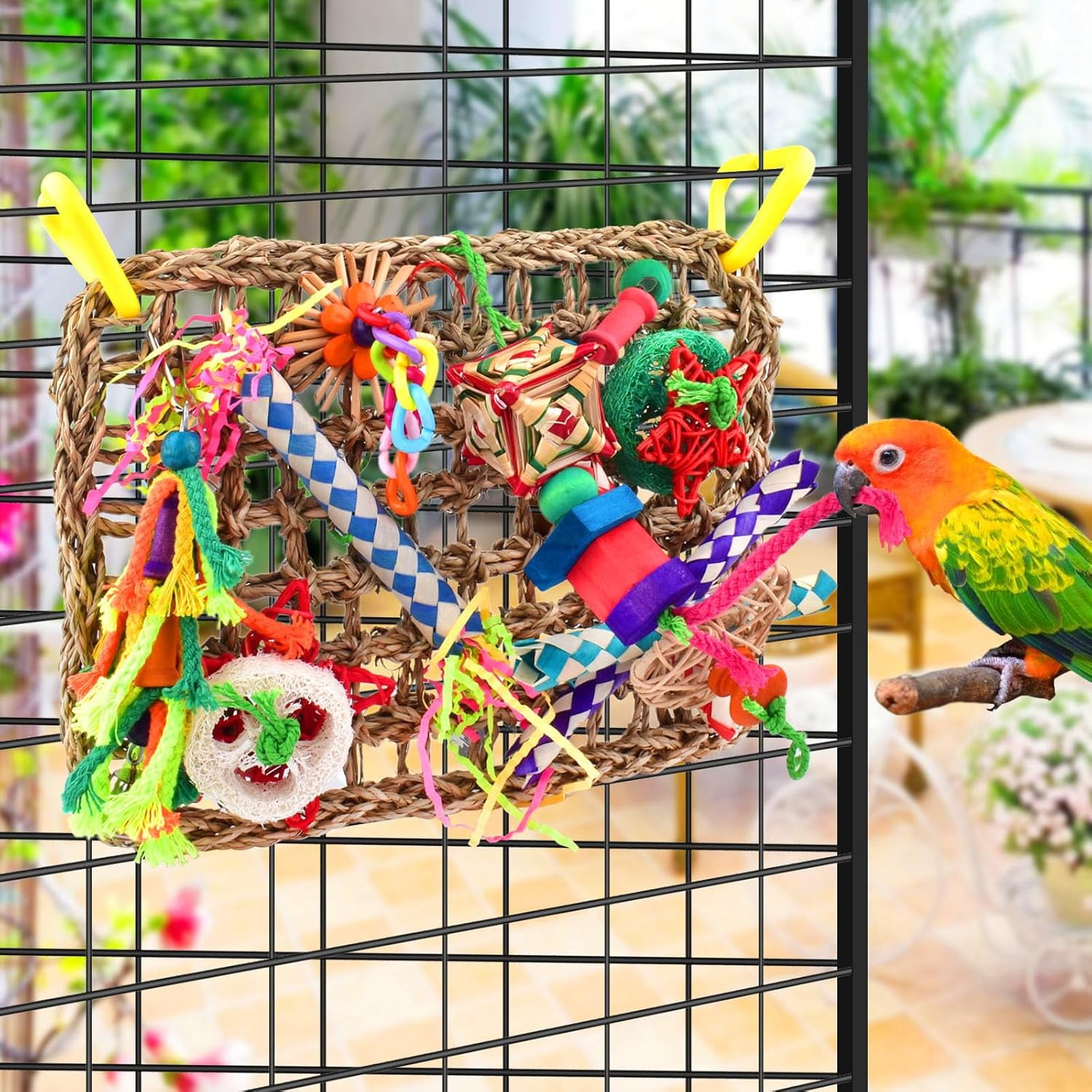 Bird Toys, Bird Foraging Wall Toy, Edible Seagrass Woven Climbing Hammock Mat with Colorful Chewing Toys, Suitable for Lovebirds, Finch, Parakeets, Budgerigars, Conure, Cockatiel