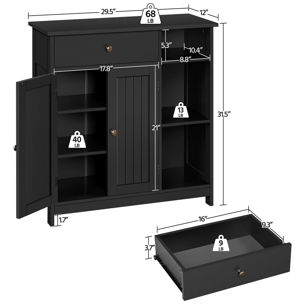 Yaheetech Modern Wooden Bathroom Storage Cabinet with 3 Open Shelves & Drawer, Black