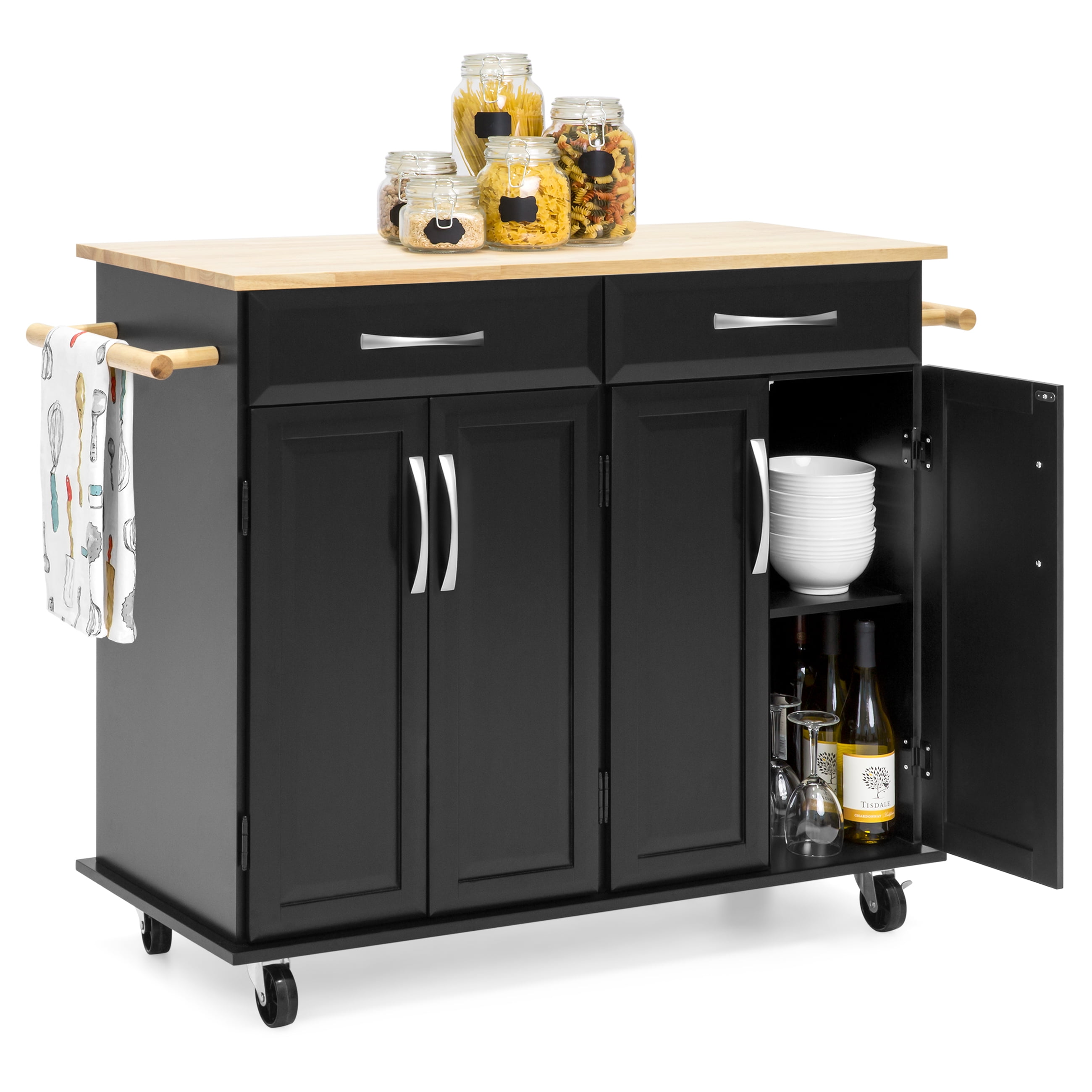 Espresso Target Marketing Systems Monterey Wood Top Kitchen Buffet Cabinet With Three Drawers and Cabinet with Shelf With Towel Bar on Caster Wheels