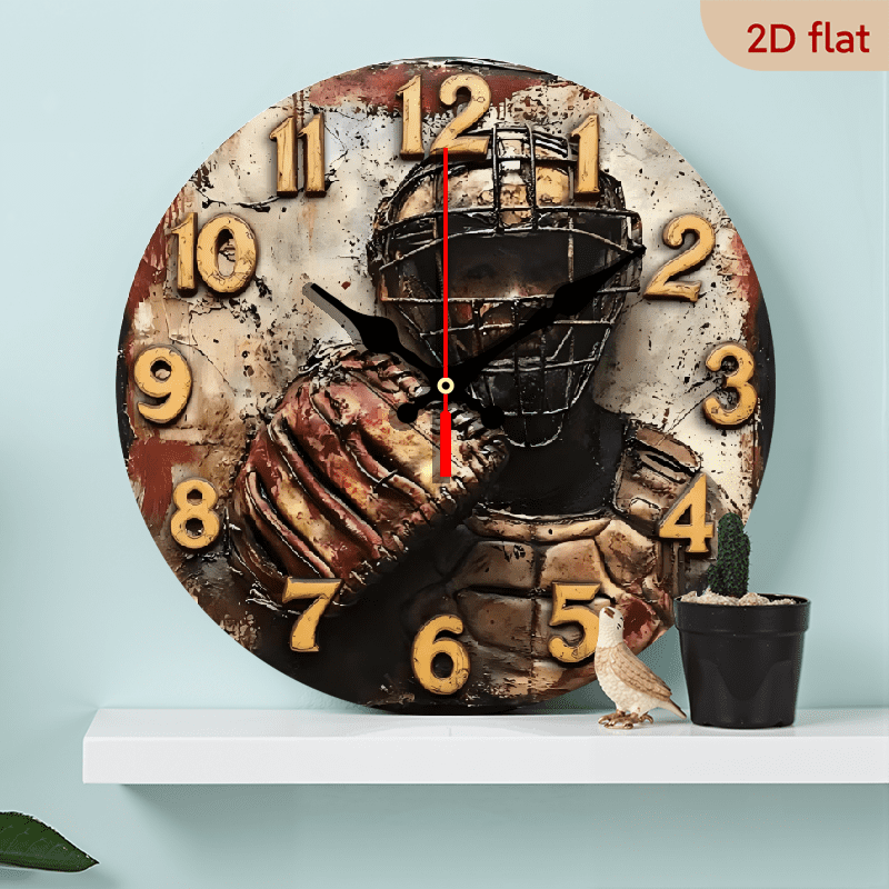 A 10-inch 2D flat Baseball Catcher themed wooden silent wall clock. It is an excellent choice for Halloween/Easter/Christmas gifts and is suitable for modern home decoration art.
