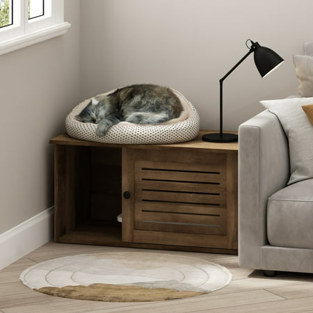 Furinno Peli Farmhouse Hidden Cat Litter Box with Divider in Rustic Brown