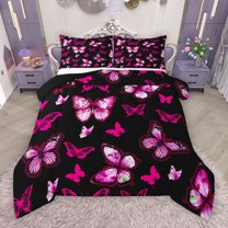 Manfei Cartoon Butterfly Child Full Size Comforter Sets, Neon Black Pink Bedding Comforter Set, Cute Dreamy Animal Reversible Bedding Sets, Breathable Home Decor, 3 Pieces