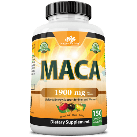 Organic Maca Root Black, Red, Yellow 1900 mg per serving - 150 Vegan Capsules Peruvian Maca Root Gelatinized
