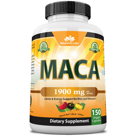 Organic Maca Root Black, Red, Yellow 1900 mg per serving - 150 Vegan Capsules Peruvian Maca Root Gelatinized