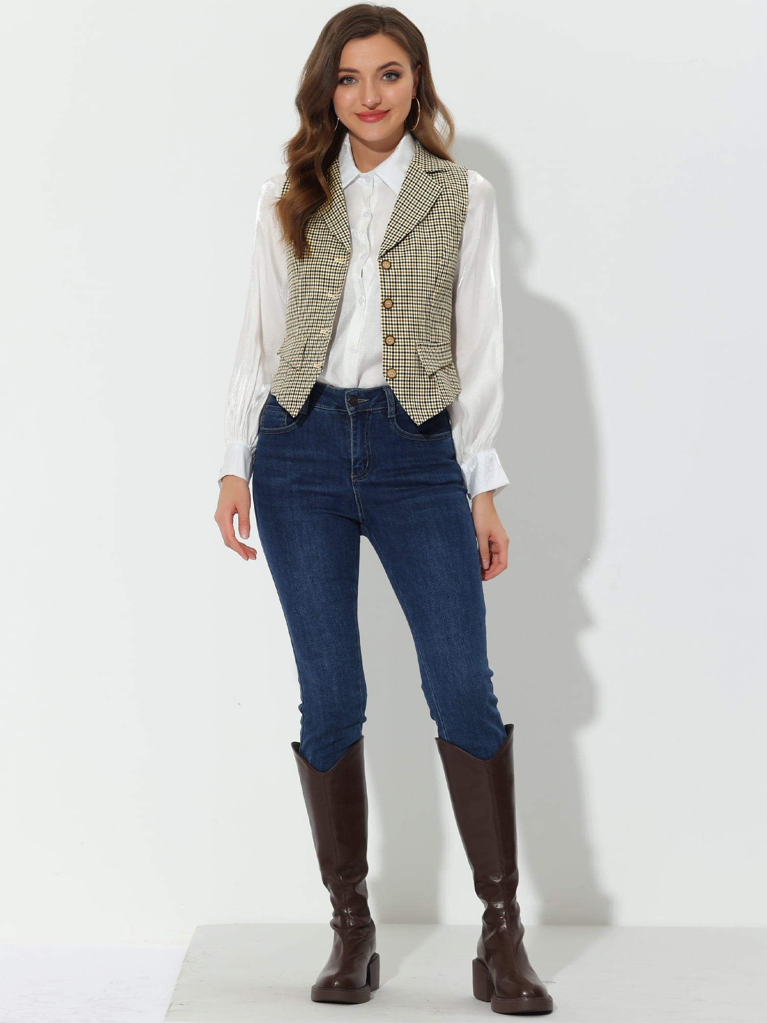 DARING DIVA Women's Plaid Waistcoat Notched Lapel Collar Vintage Vest 2XL Brown