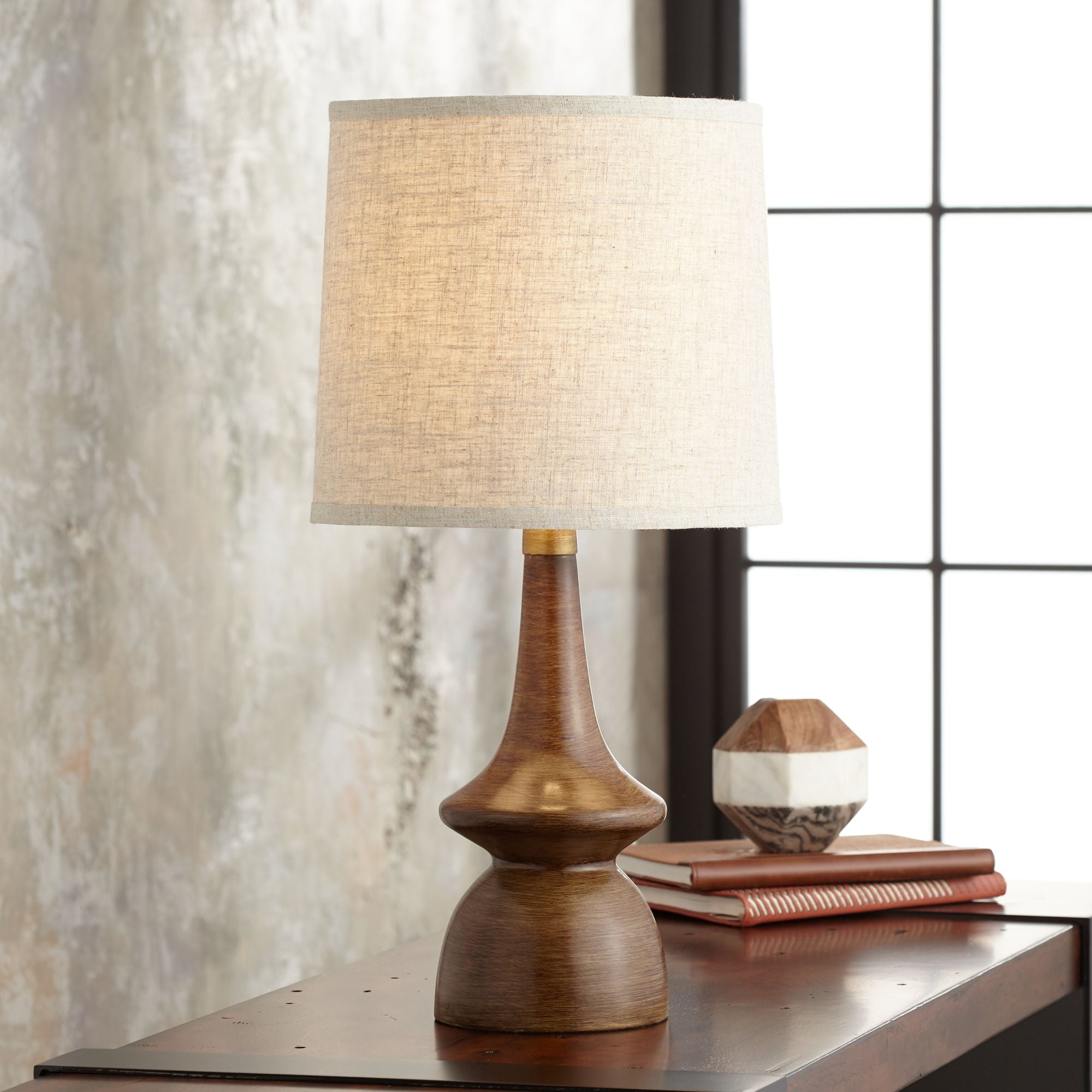 360 Lighting Mid Century Modern Table Lamp Brown Walnut Wood Off White