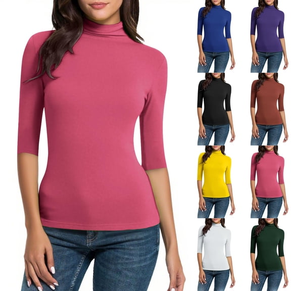 Women's Solid Color Turtleneck Half Sleeve Slim Fit Blouse Tops Shirts Tunics for Casual Business Work Office Vacation Outfits Fashion Essential Gift for Women | Sopatenor,Black XL