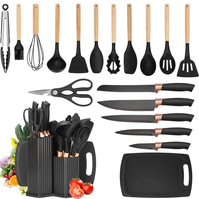 Utensilios de Cocina de Silicona 19PCS, Juego de Utensilios de Cocina Negro, El Set Incluye Cucharas, Espátulas, Pinceles, Tablas de Cortar, Cuchillos, Tijeras y Un Juego de Cubetas para Gu