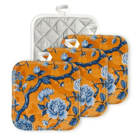 

Bahomeck Pot Holder 4Pcs Blue And White Pattern With Orange Background Square Heat Resistant Hot Pads For Kitchen Cooking Oven With Hanging Loop Potholder Easy To Store