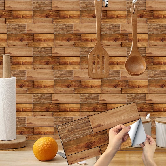 6 Pcs Brown Wood Grain Tiles Stickers Wall Decals 11.8x5.9inch Self Adhesive Waterproof Vinyl Peel and Stick Backsplash Sticker