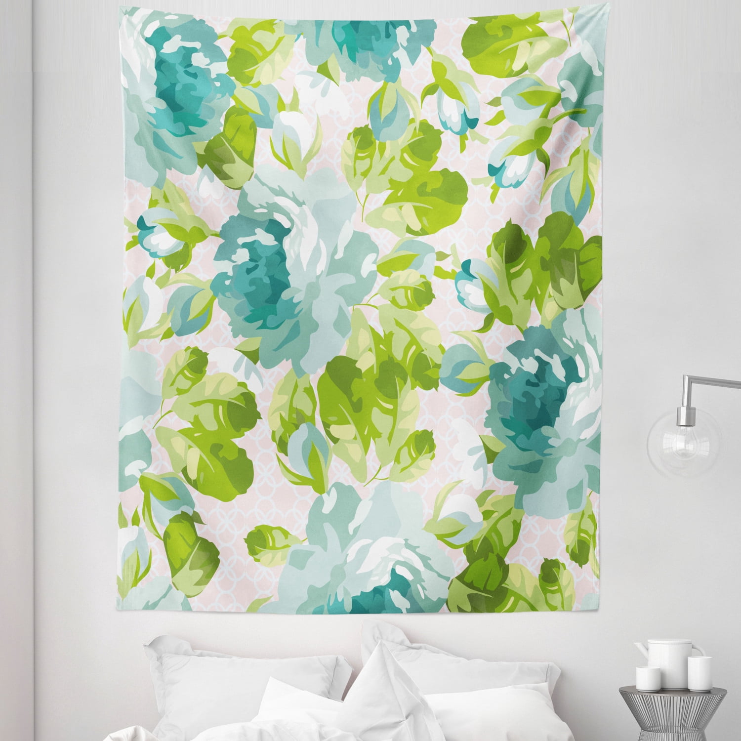 Shabby Flora Tapestry, Tropical Botany Garden Theme Blue Roses Leaves ...