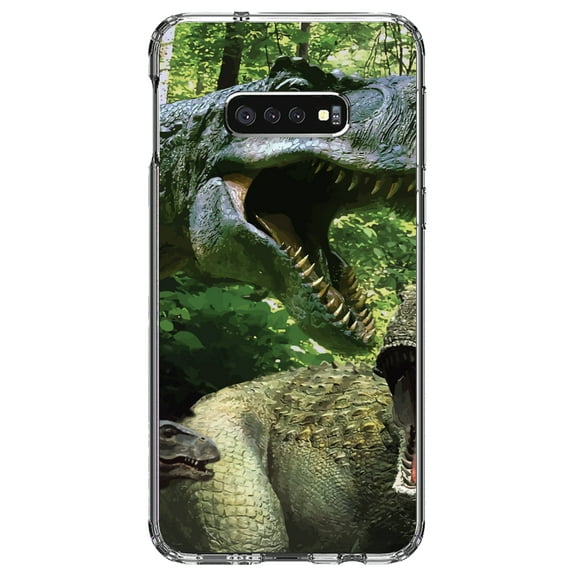 DistinctInk Clear Shockproof Hybrid Case for Samsung Galaxy S10e (5.8" Screen) - TPU Bumper, Acrylic Back, Tempered Glass Screen Protector - T-Rex Dinosaurs Raptor