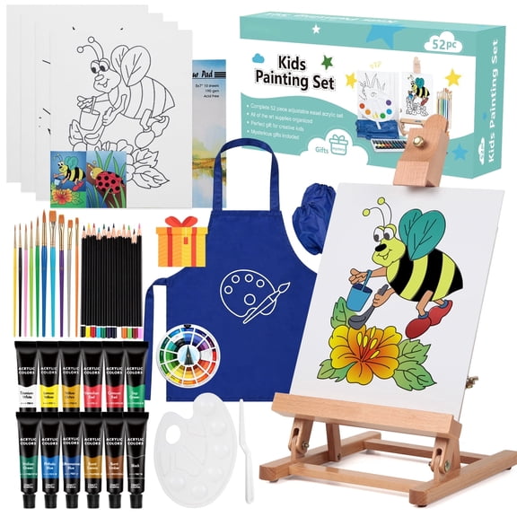 LAVFOX Painting Set with Tabletop Easel, Complete Acrylic Art Kit with Smock, Canvas, Pencils, Blue