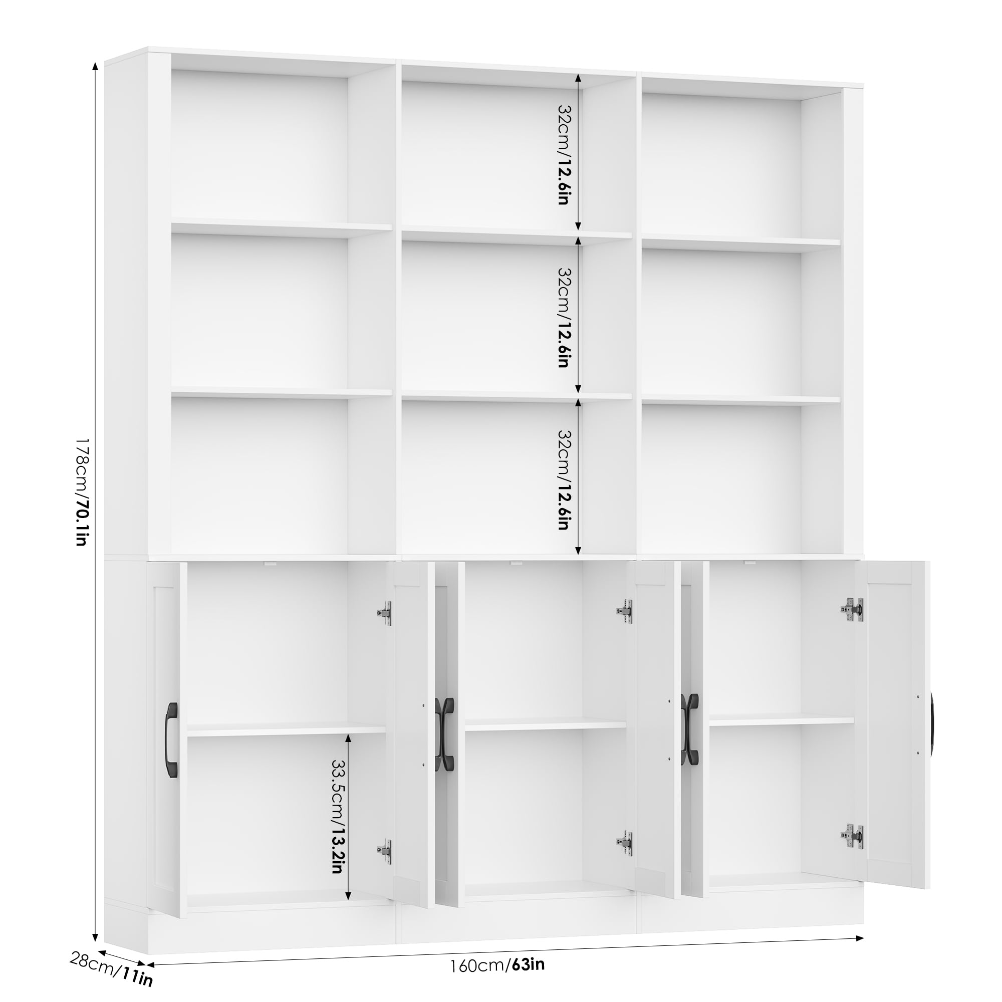 Homfa 70″ Tall Bookshelf and Bookcase with Cabinets, 63'' Wide Triple Row Display Shelves, 15 Cubes 5-Tiers Large Bookcase for Living Room Home Office, White