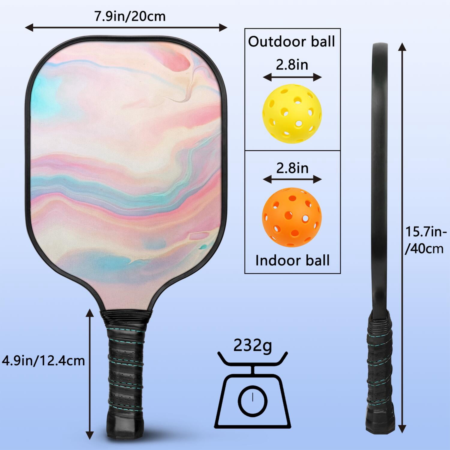 Pickleball Paddles Set Of 1, Fiberglass Surface, Turquoise Marble Pattern, 1 Paddle, 2 Balls & Bag
