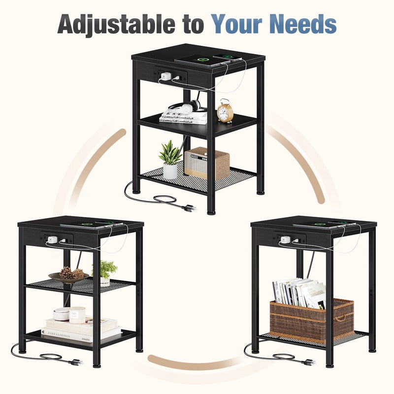 Gianna 15.7" Small Side Table Set of 2 with Charging Station, End Table with Outlets & USB Ports, 3-Tier Adjustable Storage Nightstand for Living Room, Bedroom, Small Spaces, Black