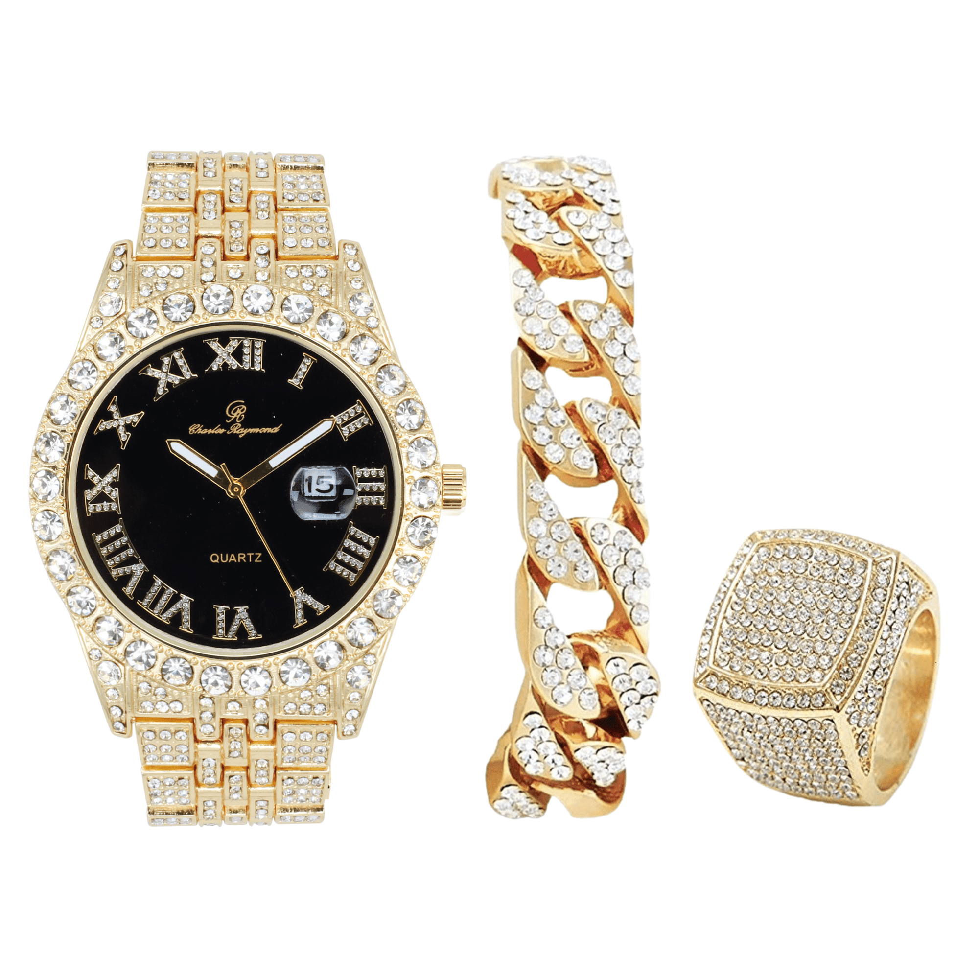 CHARLES RAYMOND Fully Iced Out Crystal Diamond Mens Watch w/Easy Read Date and w/Roman Numerals - Combo with Designer Hip Hop Blinged Out Bracelet and Ring- ST10226RND GOLD BLK,8
