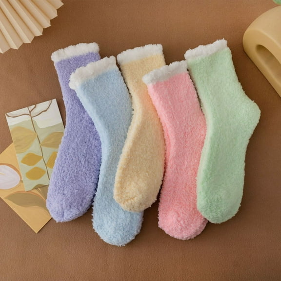 Monebena 5 Pack Womens Fuzzy Socks Warm Slipper Socks Winter Fluffy Socks Cozy Fuzzy Socks Athletic Fleece Socks Cute Crew Socks M01