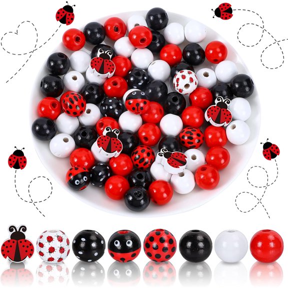 130Pcs Wooden Beads, Round Ladybug Shape, Wood Material, Red Black White, 8 Styles, Craft Beads for DIY Home Party Decor, Jewelry Making
