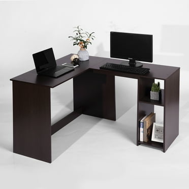 FurnitureR L-Shaped Desk Computer Gaming Desk Corner Desk with 2 Storage Shelves, Vintage Study Writing Desk for Small Spaces, Office Desk in Dark Walnut