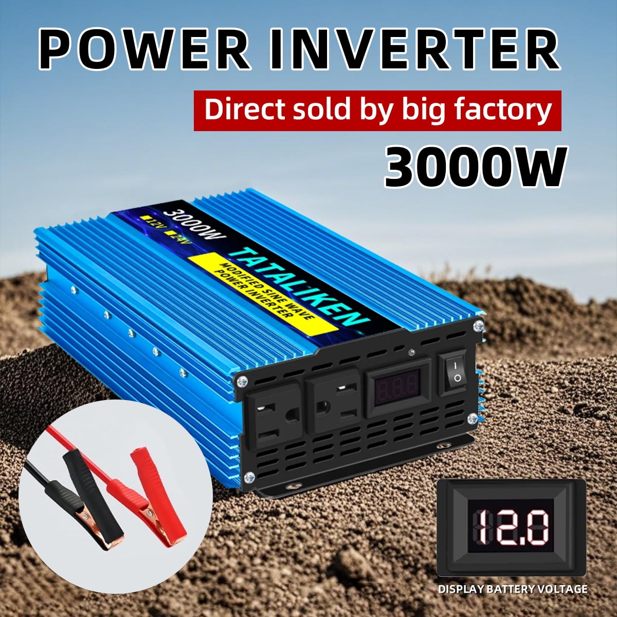 TATALIKEN 3000W（Rating power 1200 W）Power Inverter DC 12V to AC 110V/120V Car Inverter with Battery Clamp Cable 2 AC Outlets for Power Tools Home Vehicles RV Truck, LCD Display Blue