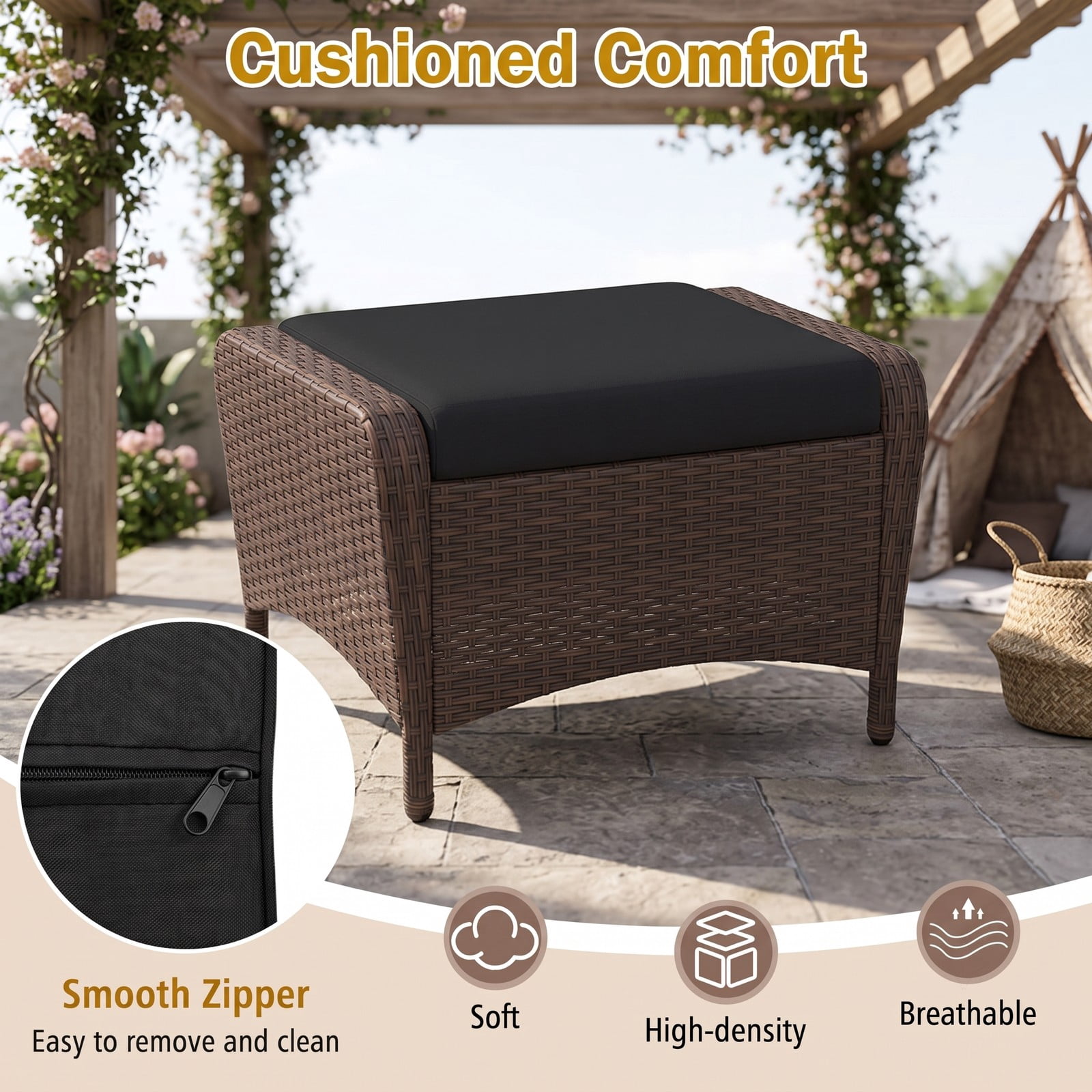 Furnibear Set of 2 Outdoor Patio PE Wicker Ottomans with Removable Cushions, Hand-Woven Rattan Footrest Extra Seat Coffee Table for Garden Porch Backyard, 400, Black