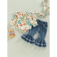 thumbnail image 2 of Seyurigaoka Baby Girls Autumn Outfit Sets Long Sleeve Floral Romper Tops + Denim Flared Pants + Bow Headband for 3-24M Toddler Kids, 2 of 8