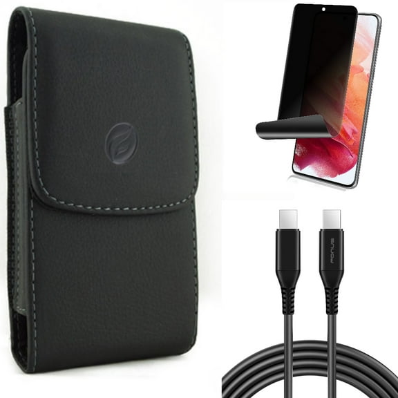 Case Belt Clip & 6ft Long USB-C Cable & Privacy Screen Protector for Samsung Galaxy S22 (6.1") - Leather Holster & PD Fast Charger Cord Power & TPU Film Fingerprint Works Accessory Bundle