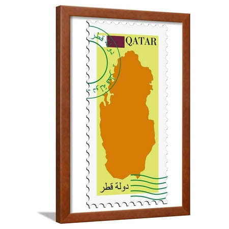 Stamp with Map and Flag of Qatar  Framed Print Wall  Art  By 