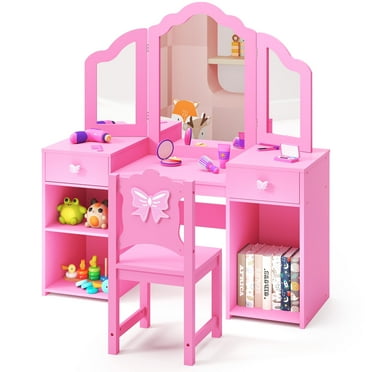 iYofe Kids Vanity Table and Chair Set, 2 in 1 Girls Vanity Set with Tri-fold Mirror, Detachable Top, Princess Makeup Vanity Desk Dressing Table Make up Play Set, Kids Vanity for Girls Age 3-9, Pink
