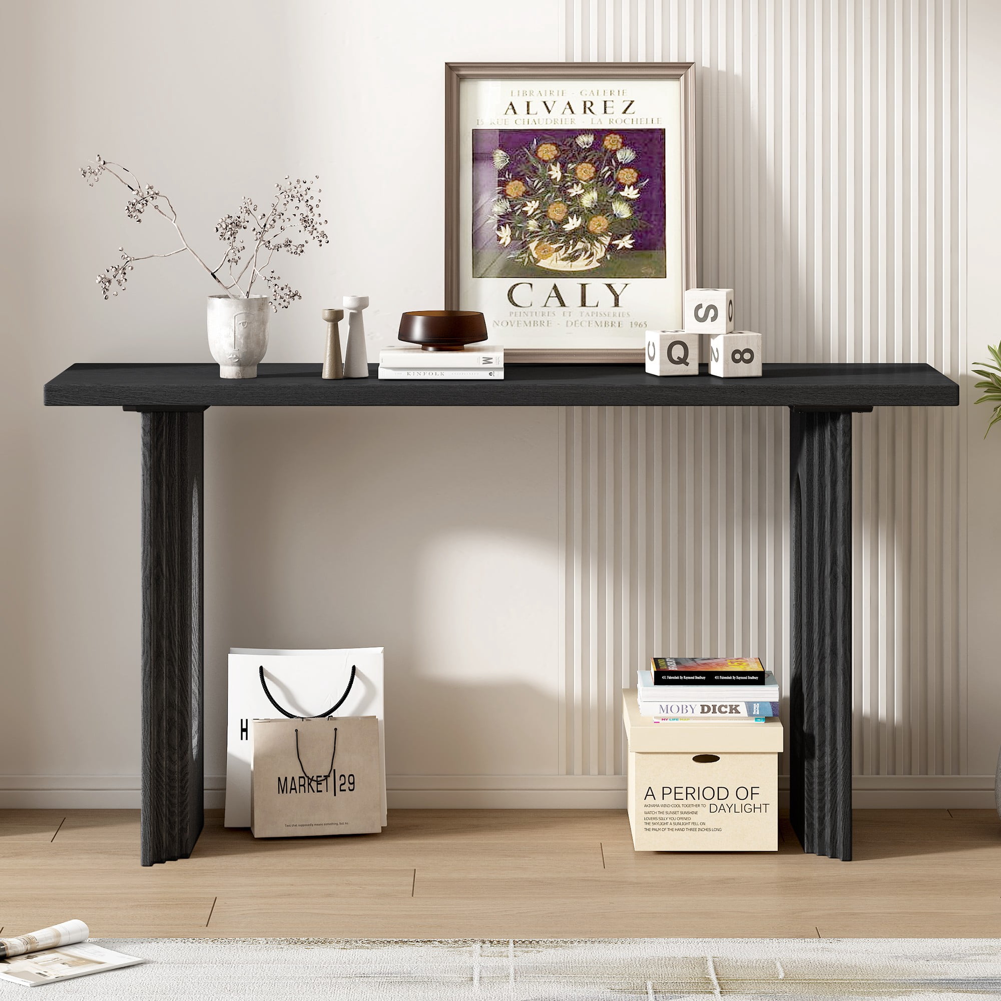 59" Console Table,Wooden Sofa Table Entryway Table with Distinctive Round Hollow Legs for Hallway, Entrance, Living Room, Bedroom,Black