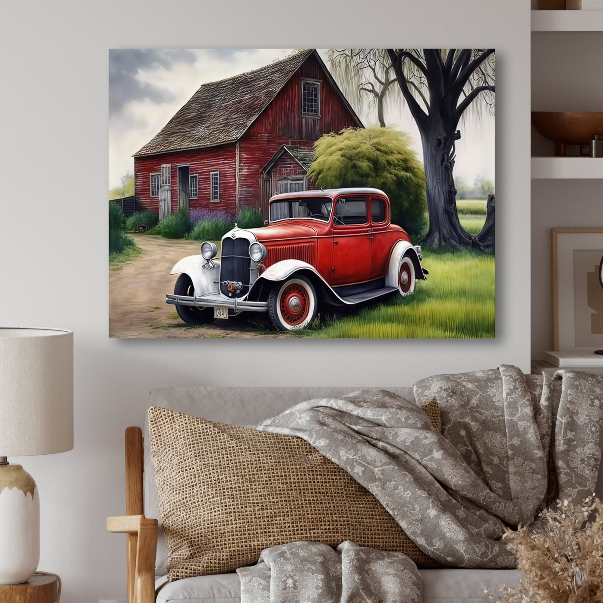 Designart Old Vintage Car At The Barn Canvas Wall Art