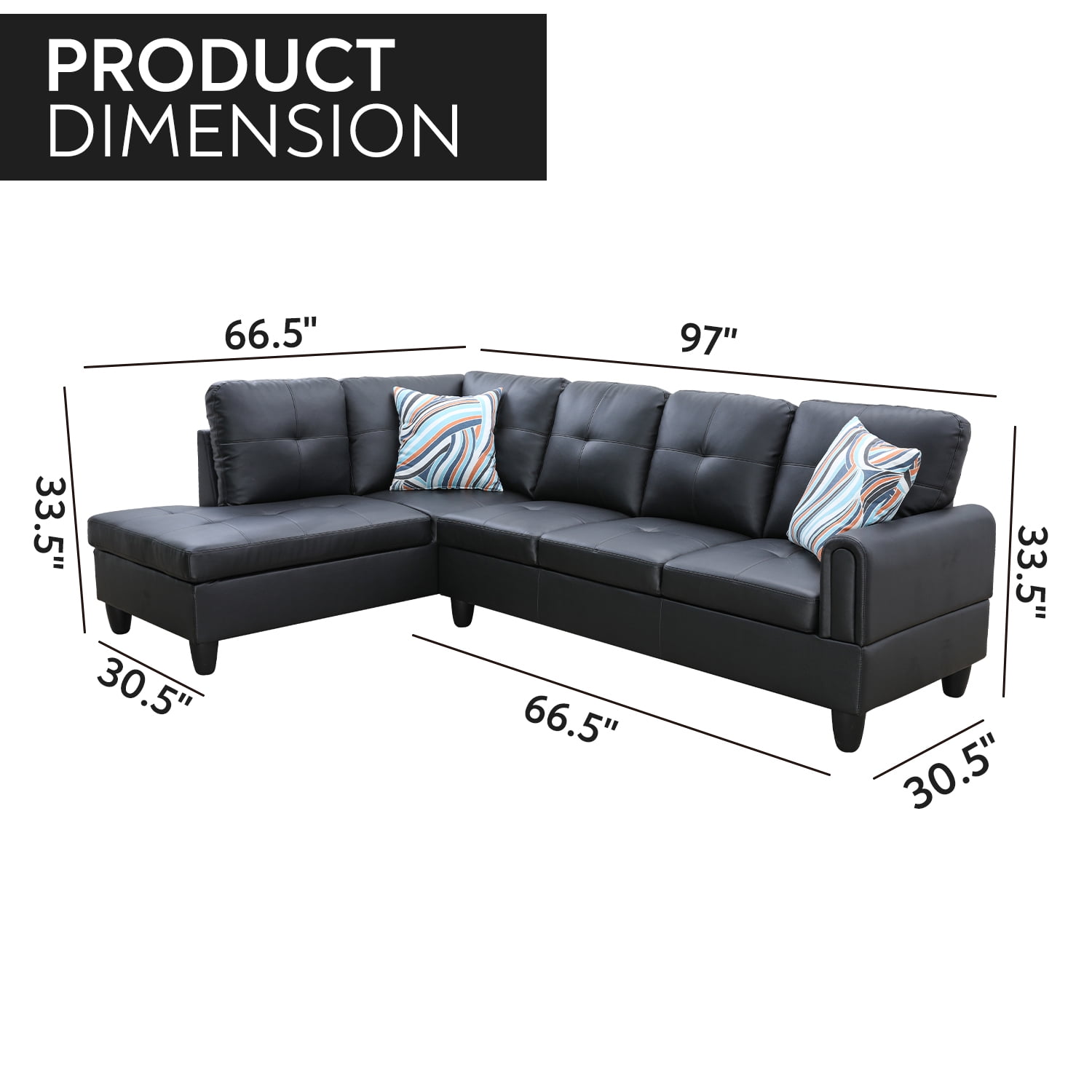 Hommoo Faux Leather 3-Piece Couch Living Room Sofa Set, L Shaped Couch for Small Space, Black(Without Ottoman)