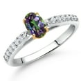 thumbnail image 2 of Gem Stone King 925 Sterling Silver and 10K Yellow Gold Green Mystic Topaz and White Lab Grown Diamond Engagement Ring for Women (0.78 Cttw, Oval 6X4MM, Gemstone Birthstone, Size 6), 2 of 4