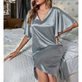 thumbnail image 5 of Women Nightshirt Short Sleeve Sleepwear V Neck Nightgown Pure Colour Pajama Dress Silver L, 5 of 8