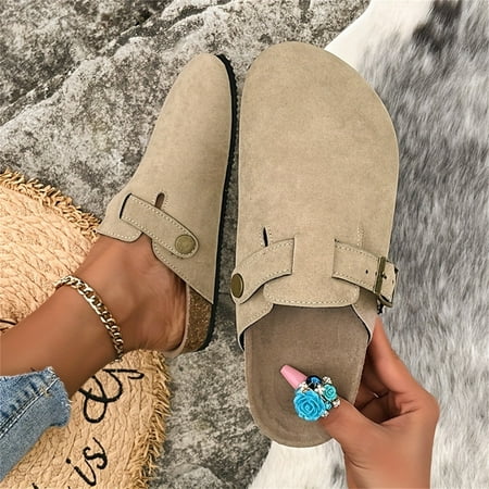 

Women s Solid Color Mules Slip On Round Toe Buckle Decor Non-slip Half Drag Clogs Outdoor Suede Flat Shoes shikongkuajing