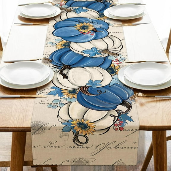 Fall Blue White Pumpkin Table Runner, Autumn Thanksgiving Sunflower Eucalyptus Leaves Kitchen Dining Table Decoration, Seasonal Indoor Outdoor Home Decor Party Supply 13 x 36 Inch