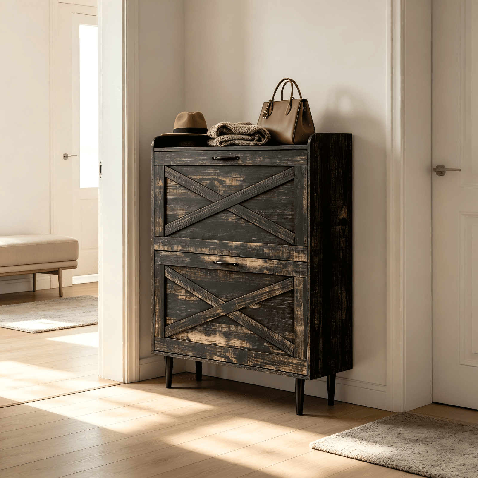 2-Drawer Top-Mounted Barn Door Shoe Cabinet, Melamine Board Embossed MDF, Black Oak, 31.61 x 9.45 x 39.37 in