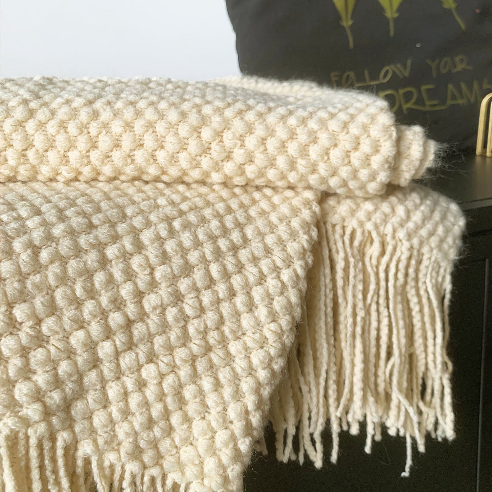 LOMAO Knitted Throw Blanket with Tassels Bubble Textured Lightweight Throws for Bed,Chair,Sofa,Living Room,Home Decor (Cream,50*60 in)