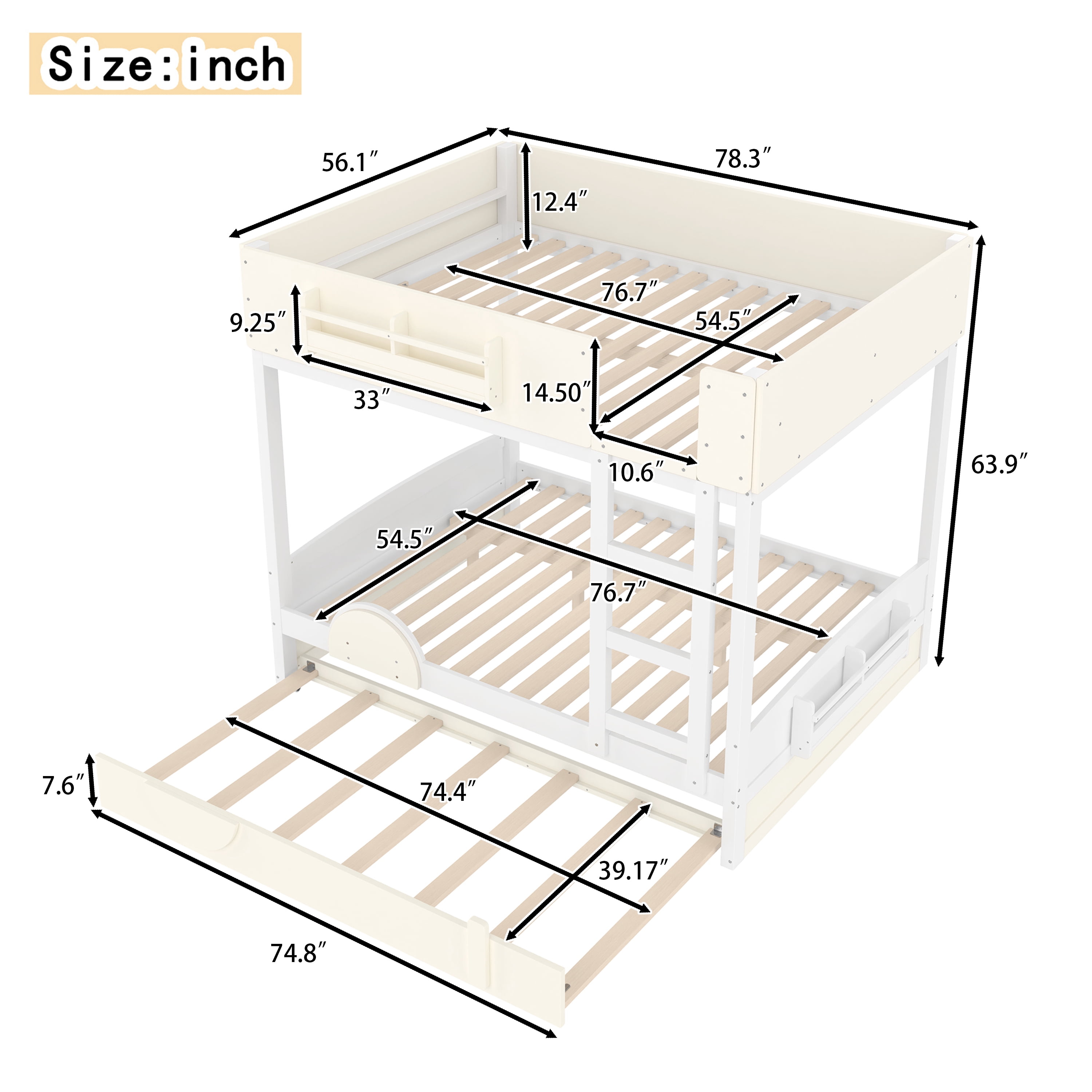 Mintazer Full Over Full Car Themed Bunk Bed with Trundle & Bookshelf, Modern Bunk Bed with Guardrail for Kids, White & Beige