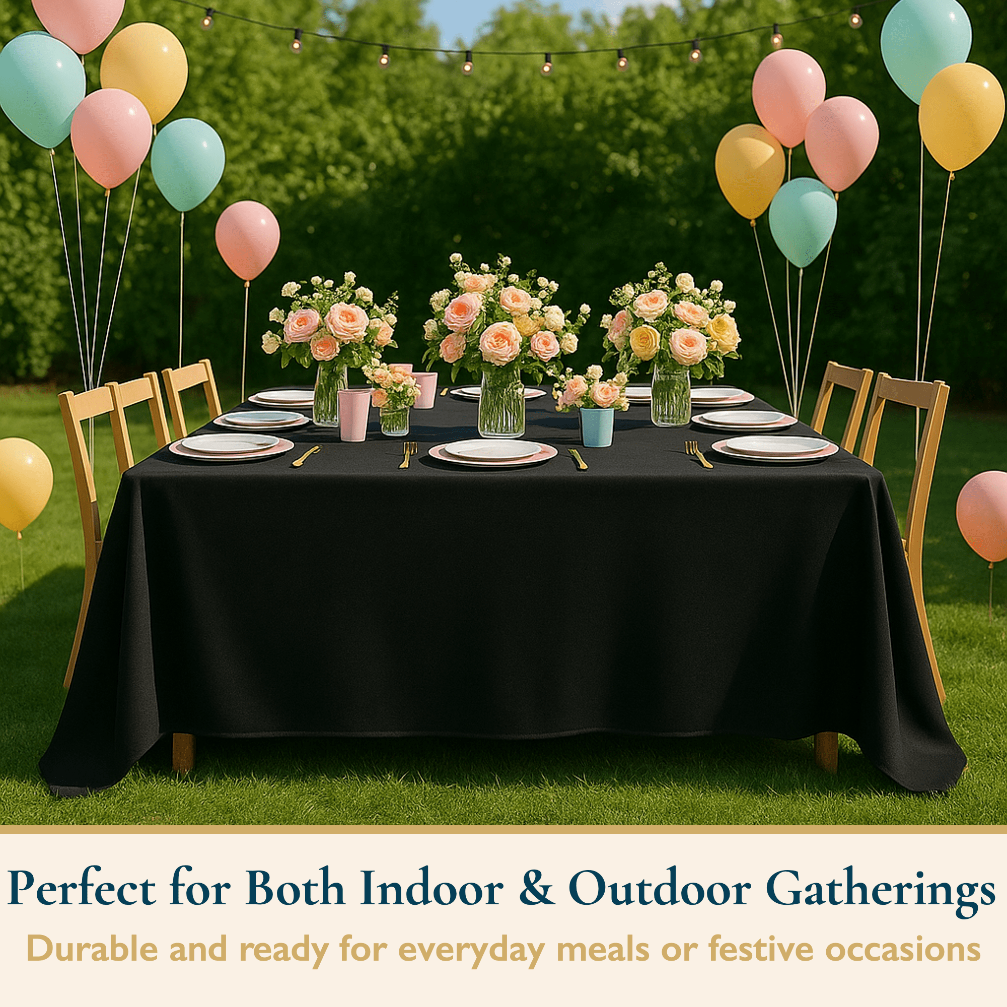 ComfiTime Tablecloth – 90 x 156 Durable Polyester Fabric Table Cover Cloth for 11-12 ft Rectangle Table, Spill/Stain-Resistant, Reusable/Washable, Indoor/Outdoor Dining/Party/Wedding/Banquet, Black