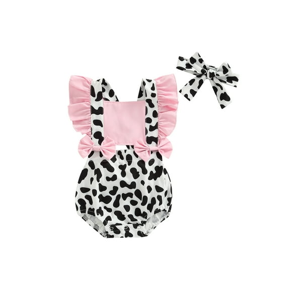 Bagilaanoe Summer Newborn Baby Girls Romper 6M 12M 18M 24M Infant Cow Print Bow Fly Sleeve Suspender Jumpsuit   Headwear 2pcs Set