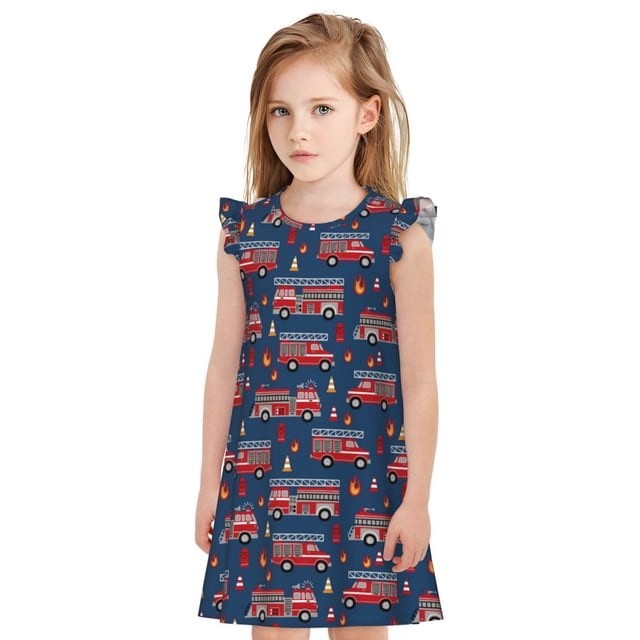 Balery Fire Truck 1 Camisón de princesa para niñas, pijama de algodón con mangas abullonadas, suave y bonito.-Medium