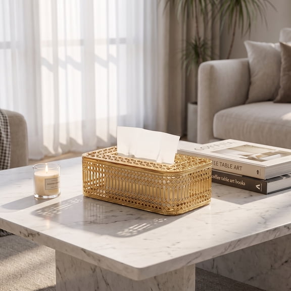 Liujiale Rectangle Tissue Box Cover Stylish Cube Gold Modern Napkin Holder Wrought Iron Decorative Paper Organizer Dispenser for Table, Living Room Decor